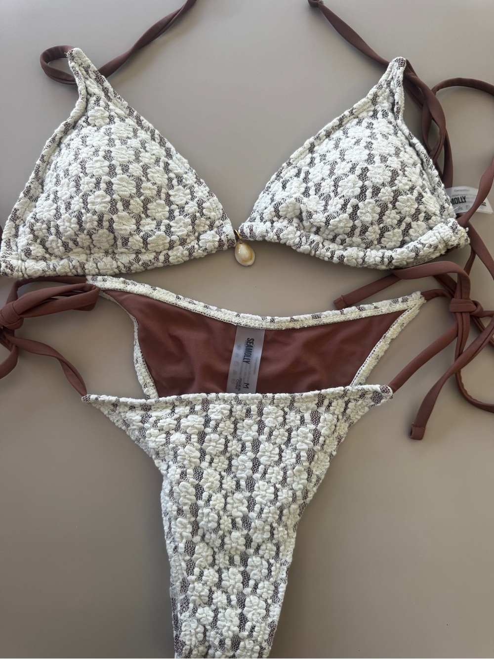 Sea Molly Textured Ivory and Brown Triangle Bikini Set